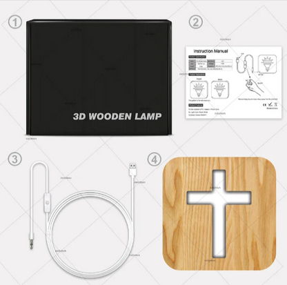 Cross Shaped Wood Bedside Lamp, Jesus Cross 3D LED Optical Night Light