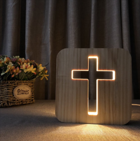 Cross Shaped Wood Bedside Lamp, Jesus Cross 3D LED Optical Night Light