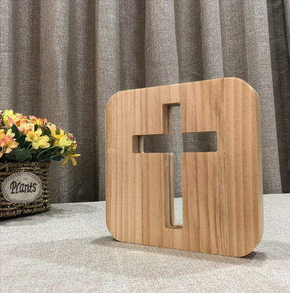 Cross Shaped Wood Bedside Lamp, Jesus Cross 3D LED Optical Night Light